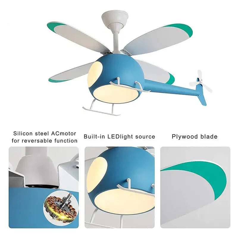 Decorbites™ aircraft led chandelier ceiling fan light in blue and white with green blade accents for kids room decor