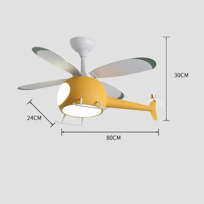 Yellow aircraft led chandelier ceiling fan with white blades and glowing light fixture for kids room decor