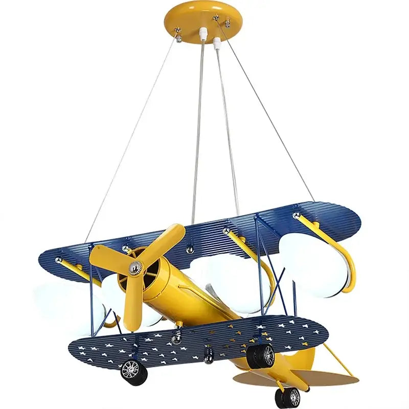 Yellow and blue biplane airplane chandelier kids led light fixture with star-patterned wings for boys bedroom decor