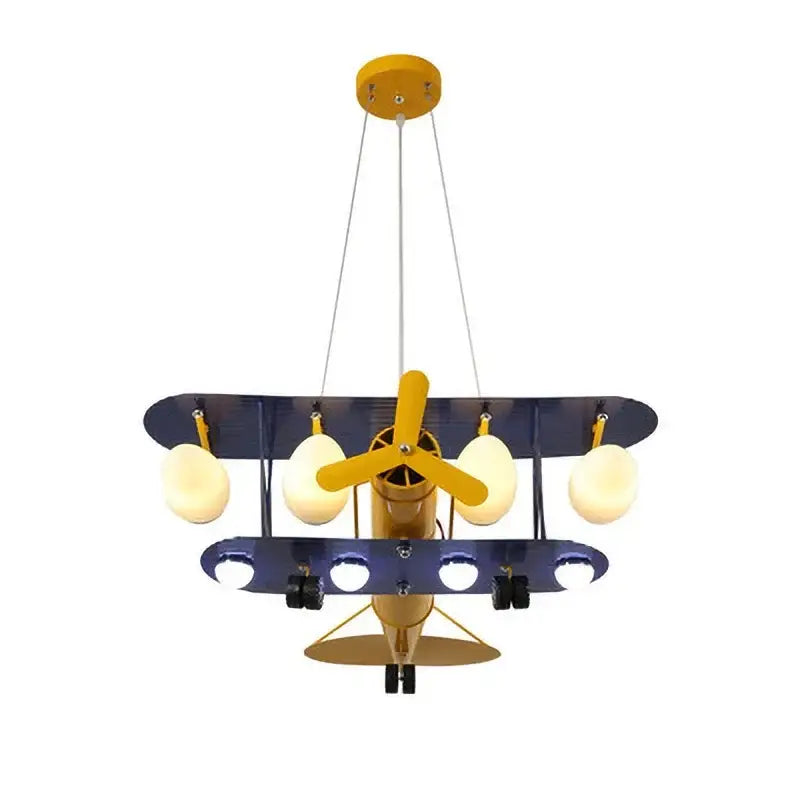 Decorbites airplane chandelier kids led lights in yellow and navy blue metallic finish with four glowing spherical bulbs