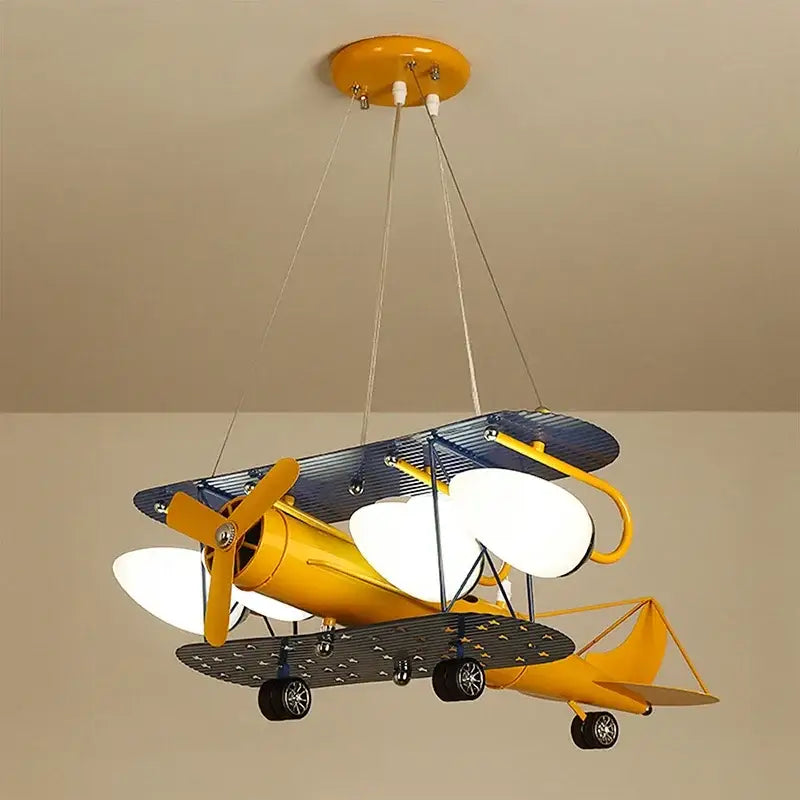 Decorbites airplane chandelier kids led featuring vibrant yellow and blue biplane design with white illuminated kids led lights