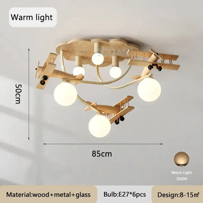 DecorBites™ wooden airplane chandelier light with warm white LED bulbs and natural finish for nursery or kid’s bedroom ceiling