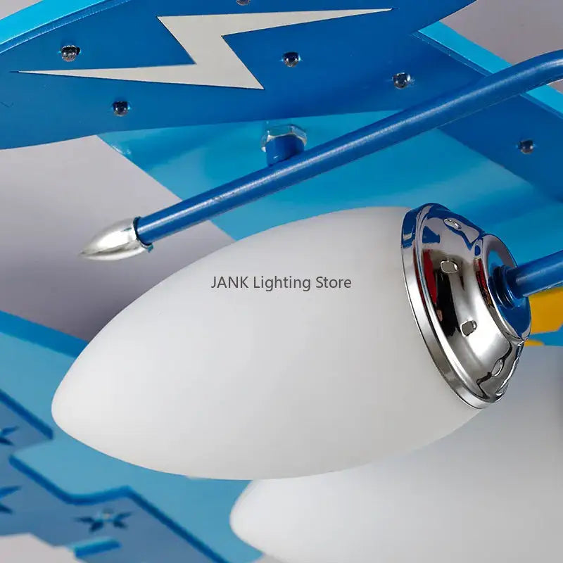 Blue airplane kids led chandelier with white frosted glass bulb and chrome accents for baby boy room lighting