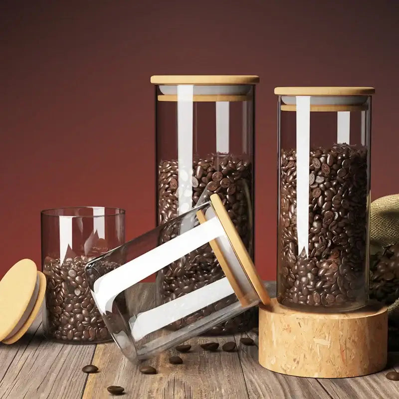 Decorbites airtight glass coffee bean storage jar with bamboo lid clear glass and white vertical stripes