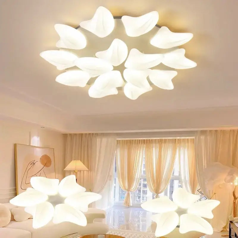 White aisal flower ceiling chandelier with translucent petals and central frame for modern home decor lighting