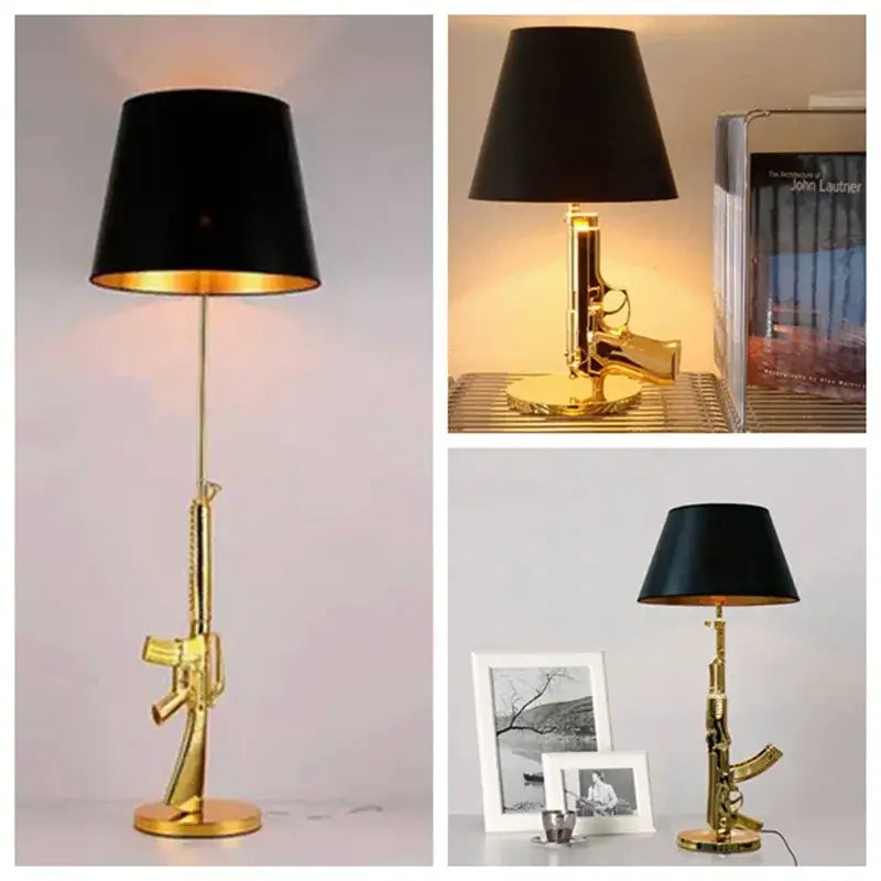Gold-colored ak47 gun design table lamp with black conical shade for modern living room and bedside decor