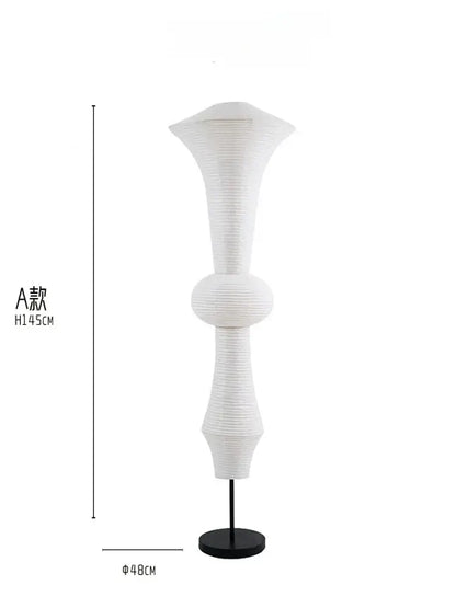 White ribbed paper pendant light with sculptural vase design and black metal base for akari noguchi vintage lighting