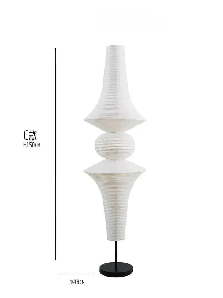 White sculptural pendant light with layered conical and spherical ribbed paper sections akari noguchi vintage design