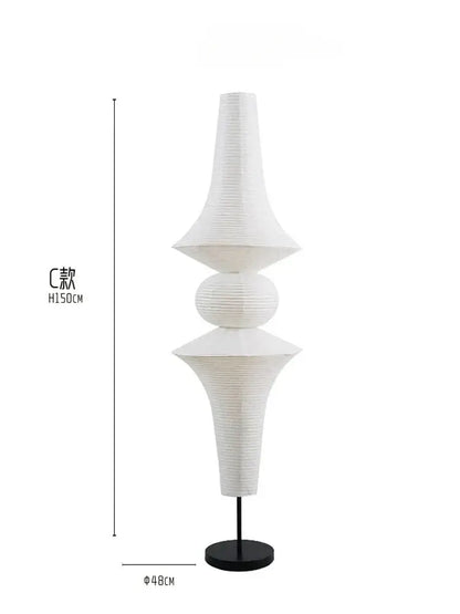 White sculptural pendant light with layered conical and spherical ribbed paper sections akari noguchi vintage design