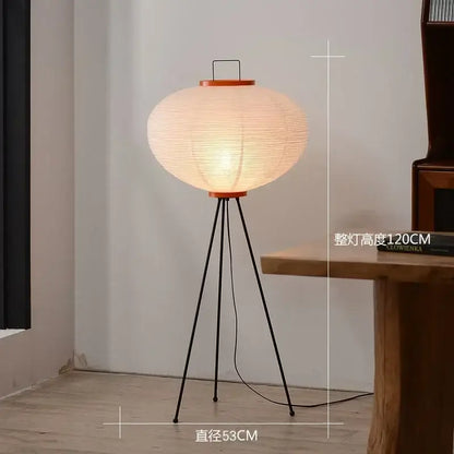 Warmly glowing DecorBites Akari rice paper floor lamp with tripod base and LED E27 vintage standing light for home decor