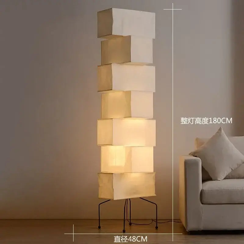 Decorbites akari rice paper floor lamp with stacked off-white shades on a slim black metal base for home decor