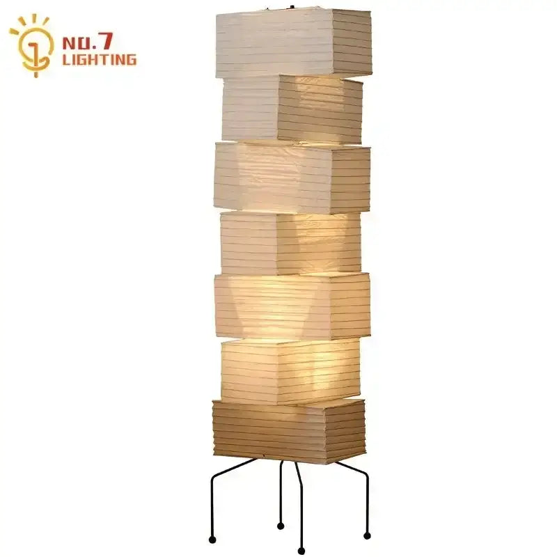 Decorbites akari rice paper floor lamp with stacked illuminated beige shades and black metal base for home decor