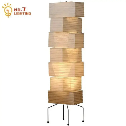 Decorbites akari rice paper floor lamp with stacked illuminated beige shades and black metal base for home decor