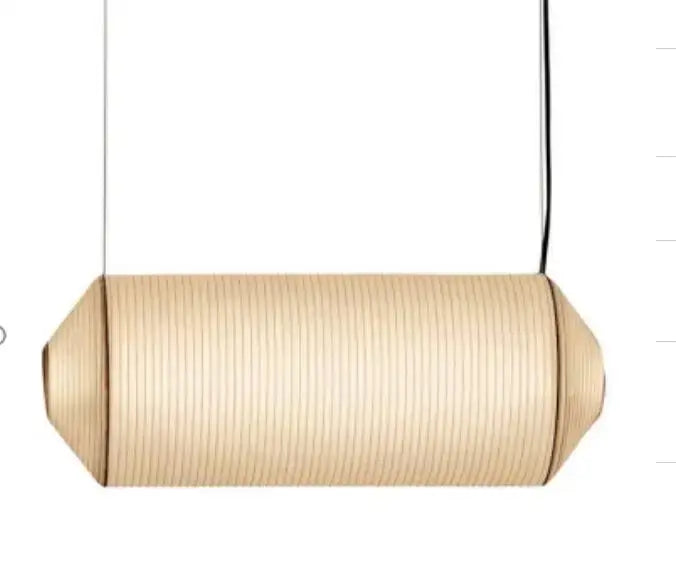 Beige cylindrical pendant lamp with vertical ribbed texture and tapered ends made of akari rice paper for living room use