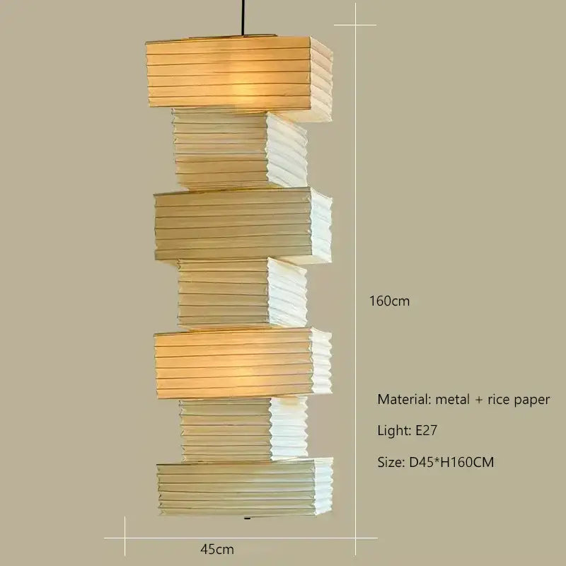 A modern akari rice paper pendant lamp with stacked gold and white rectangular tiers for living room or bedroom decor