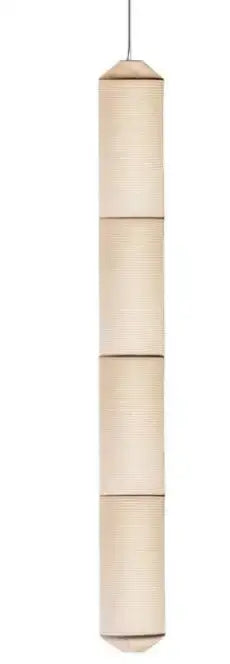 Beige akari rice paper pendant lamp with ribbed design and wooden caps for living room and bedroom lighting