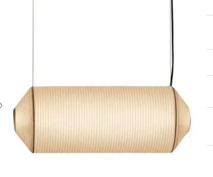 Beige akari rice paper pendant lamp with vertical ribbed texture and tapered ends for living room and bedroom lighting