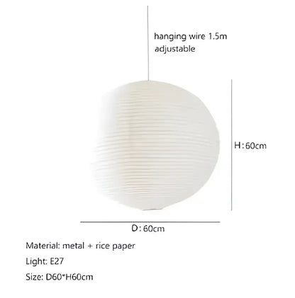 Decorbites™ akari rice paper pendant light with white spherical paper shade metal frame and adjustable hanging wire
