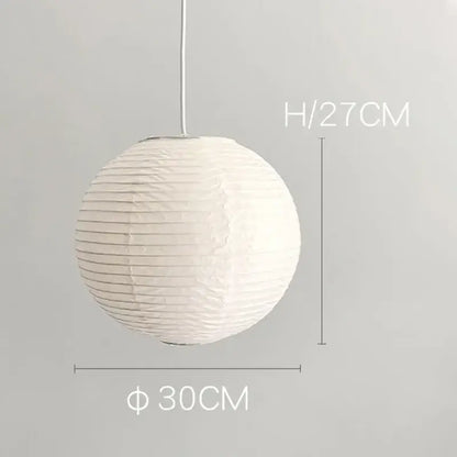 White spherical DecorBites™ akari vintage rice paper pendant light with vertical ridges and hanging cord