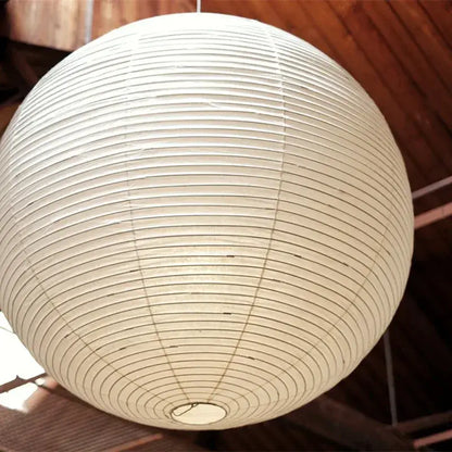 DecorBites™ akari vintage rice paper pendant light in off-white with concentric ridges and subtle sheen handcrafted style