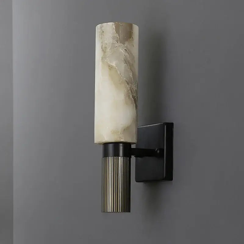 Elegant DecorBites alabaster copper wall lamp featuring onyx marble sconce with fluted metallic base and matte black plate