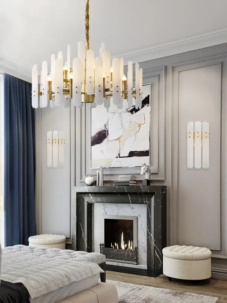 A modern DecorBites™ alabaster gold chrome chandelier suspension with frosted glass shades for living room use