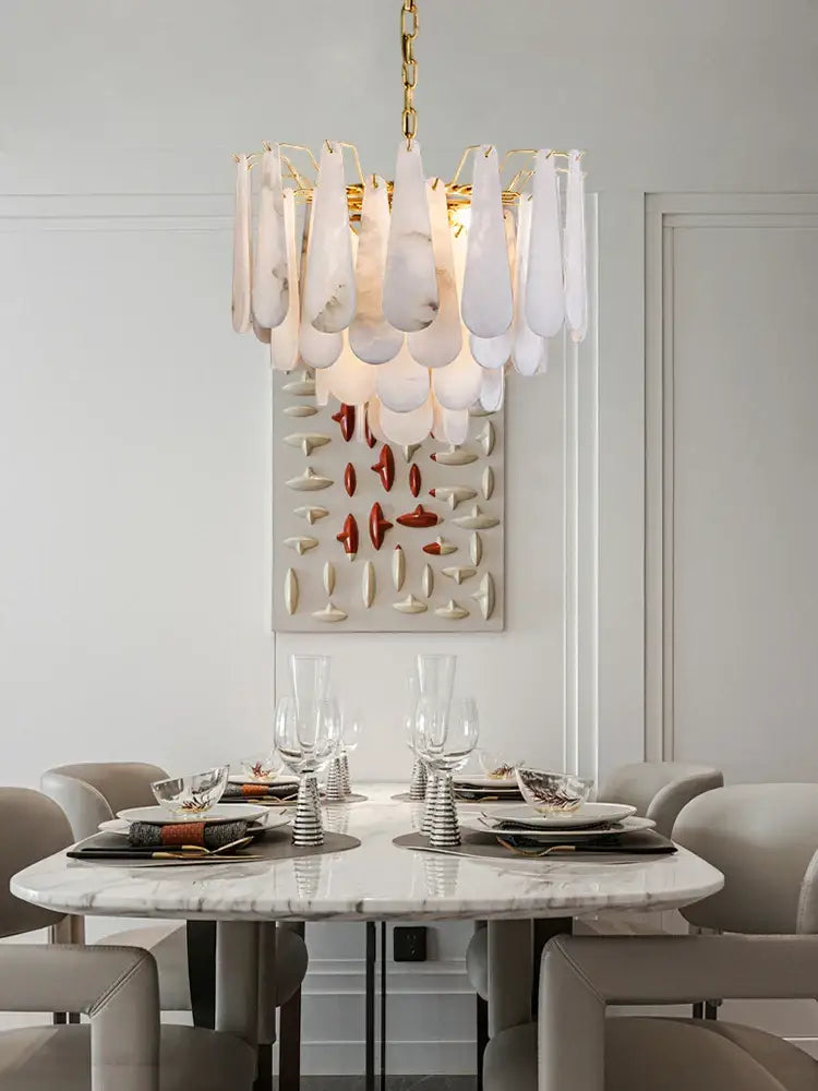 Elegant alabaster lustre led chandelier with white marble and gold-toned accents for dining room lighting