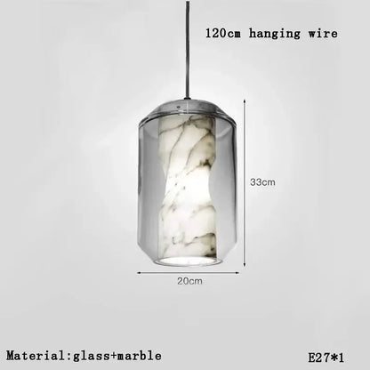 Modern alabaster marble pendant light with clear glass and white gray marble pattern for luxury dining and kitchen décor