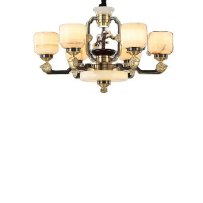 Decorbites™ all copper jade chandelier with brass and white marble frame and five warm glass shades for living room lighting