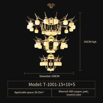 Golden ornate copper jade chandelier with antler-like arms and frosted glass shades for villa living room and dining room