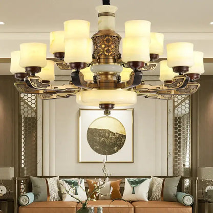 DecorBites™ copper marble jade chandelier featuring a luxurious brass design with frosted glass shades for elegant lighting