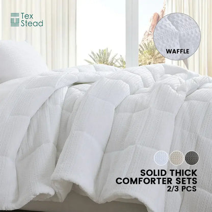 White waffle-textured decorbites all season bed comforter from tex stead for winter warmth and a restful night’s sleep