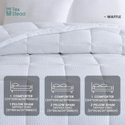 White waffle-textured DecorBites™ all season bed comforter with matching pillow shams for a warm night’s sleep