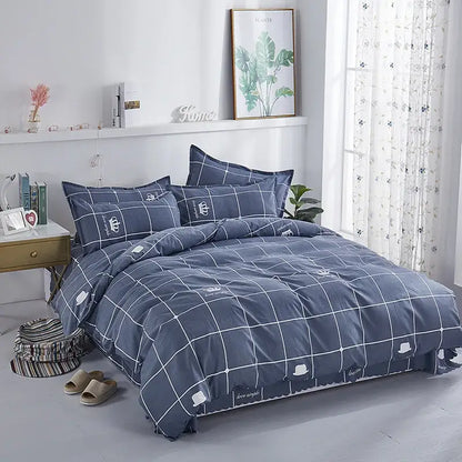 Decorbites™ all-season lightweight duvet cover in blue and white grid pattern with small hat motifs for comfortable luxury sleep
