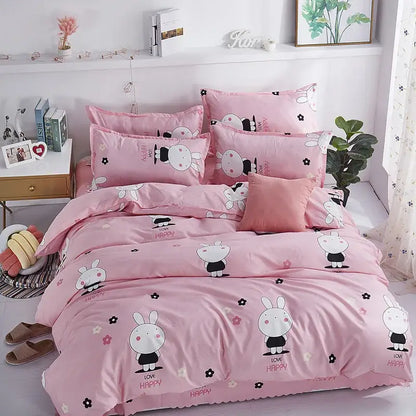 DecorBites all-season lightweight duvet cover in pink with bunny theme love happy text and floral accents for luxury sleep