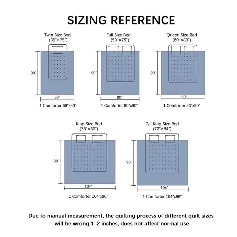 Decorbites™ all-season quilted comforter set sizing chart showing comforter dimensions for twin to cal king beds