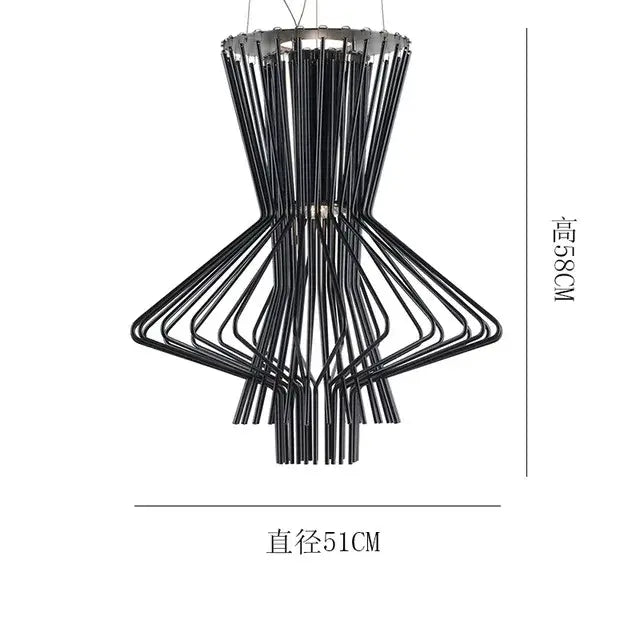 Black metal allegro ritmico chandelier with modern geometric design and curved rods for hotel living room or bar lighting