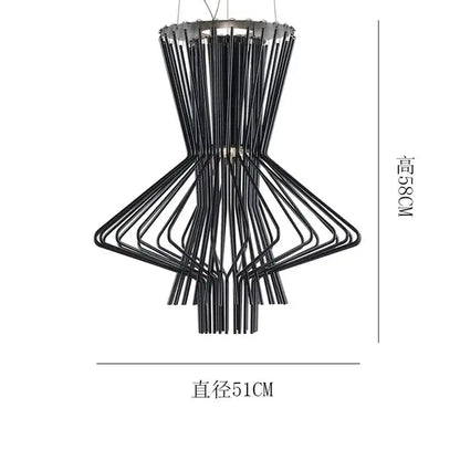 Black metal allegro ritmico chandelier with modern geometric design and curved rods for hotel living room or bar lighting