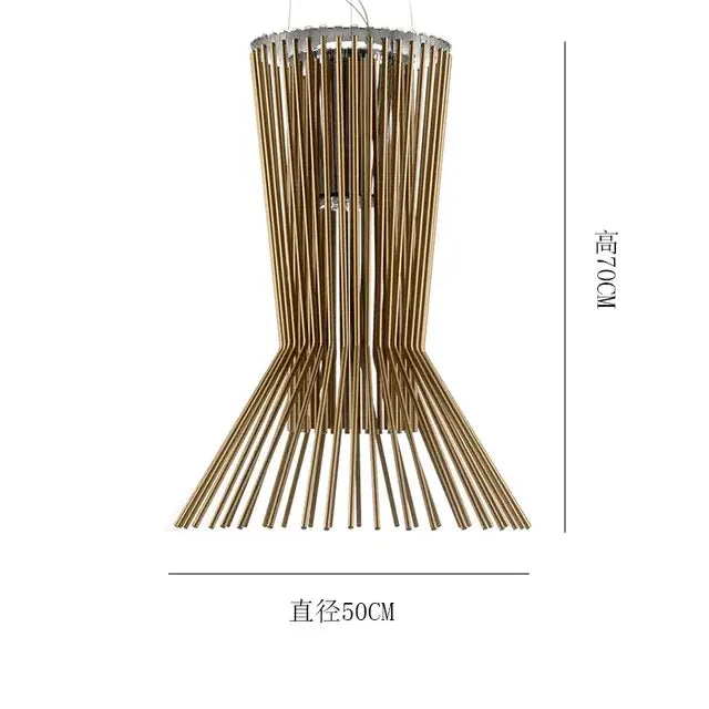 Gold-toned allegro ritmico chandelier with slender vertical rods forming a flared conical shape for hotel living rooms