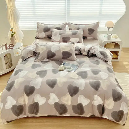 A cozy gray aloe cotton printed bedding set with heart pattern in white and dark gray for adults by decorbites