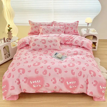 Pink sweet girl leopard print aloe cotton printed bedding set with soft satin fabric for adults by decorbites