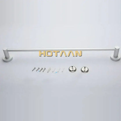 Silver-finished aluminium towel bar rail holder with cylindrical ends and mounting hardware for bathroom use