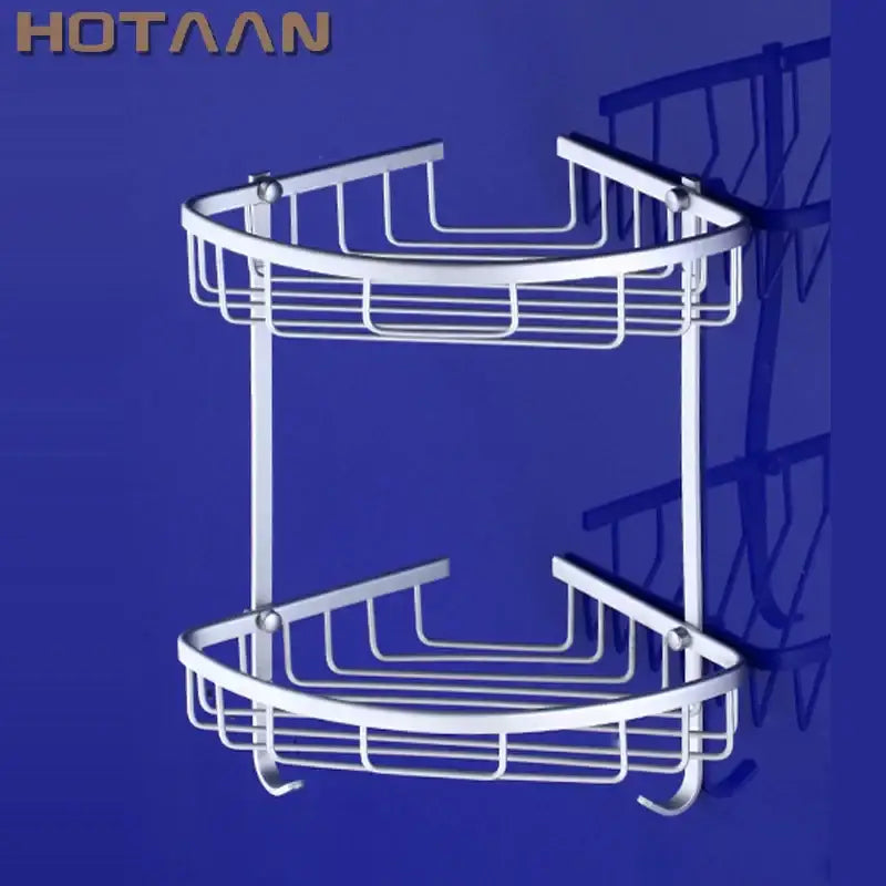 White aluminium double shelf corner basket angel rack with curved wire mesh shelves and rounded edges for bathroom use
