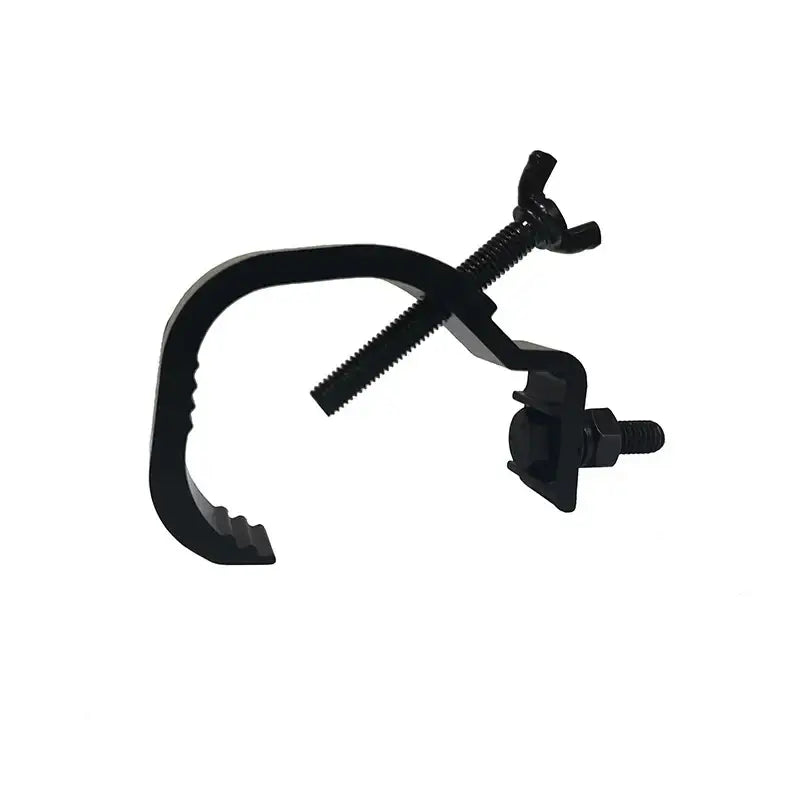 Black metal aluminium light hook clamp with threaded bolt and wing nut for secure stage lighting installation