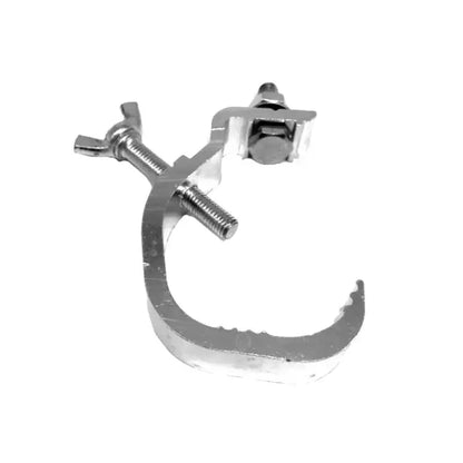 Silver aluminium light hook clamp with adjustable threaded bolts and wing nuts for secure stage lighting setups