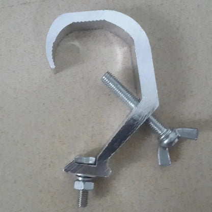 Silver-colored aluminium light hook clamp with curved hook and adjustable wing nuts for stage lights by DecorBites