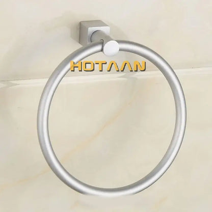 Silver-toned aluminium round towel holder ring with square wall mount for bathroom accessories by DecorBites