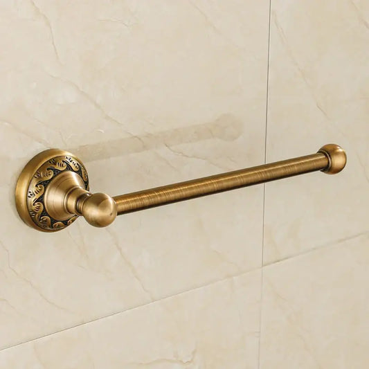 DecorBites aluminium wall mounted towel holder in antique brass with ornate circular base and polished spherical ends
