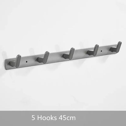Silver metallic wall-mounted coat rack with five hooks made of aluminum alloy for bathroom or robe holding