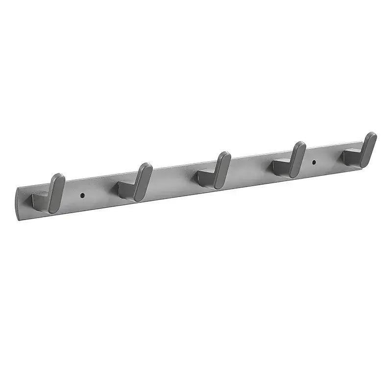 Silver metallic wall mounted coat rack with five alloy towel hooks made of durable aluminum alloy for bathroom use